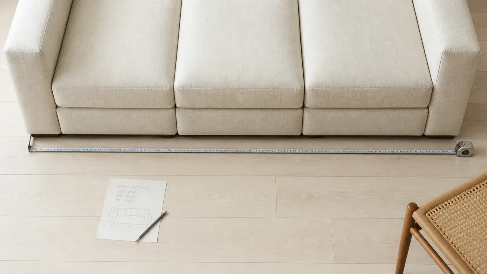 tape measure stretched between the outer arms of a large sectional
