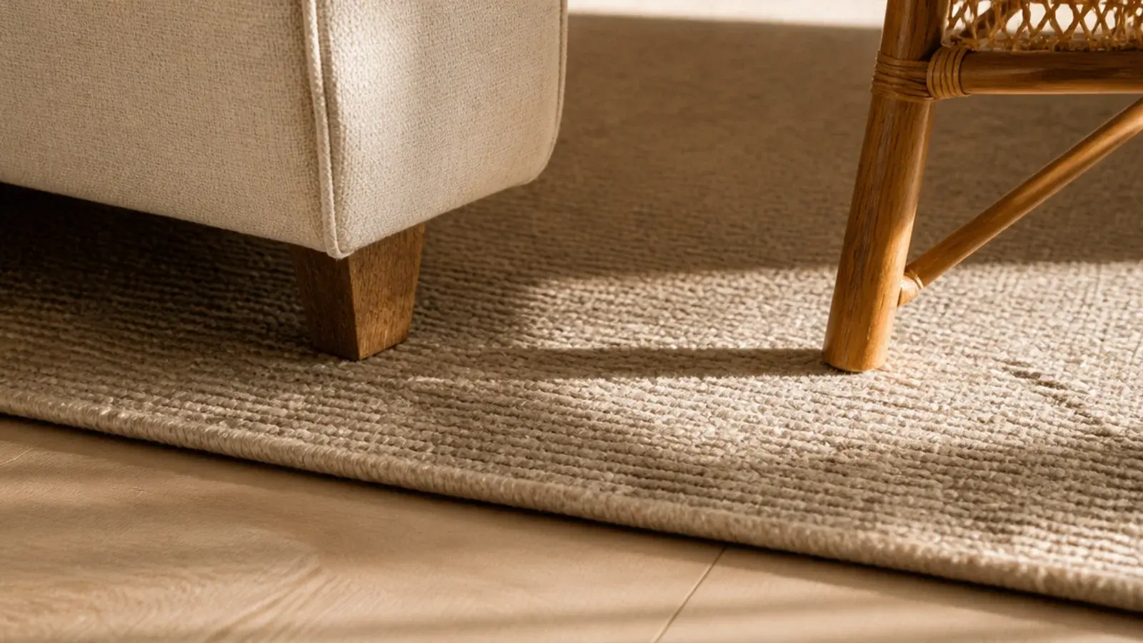 every furniture leg standing well inside the edge of a large rug