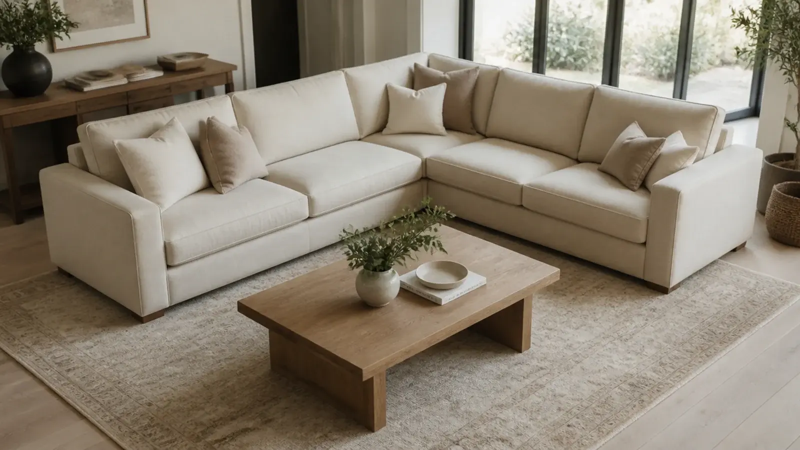 rug sized to follow the l shaped footprint of a large sectional