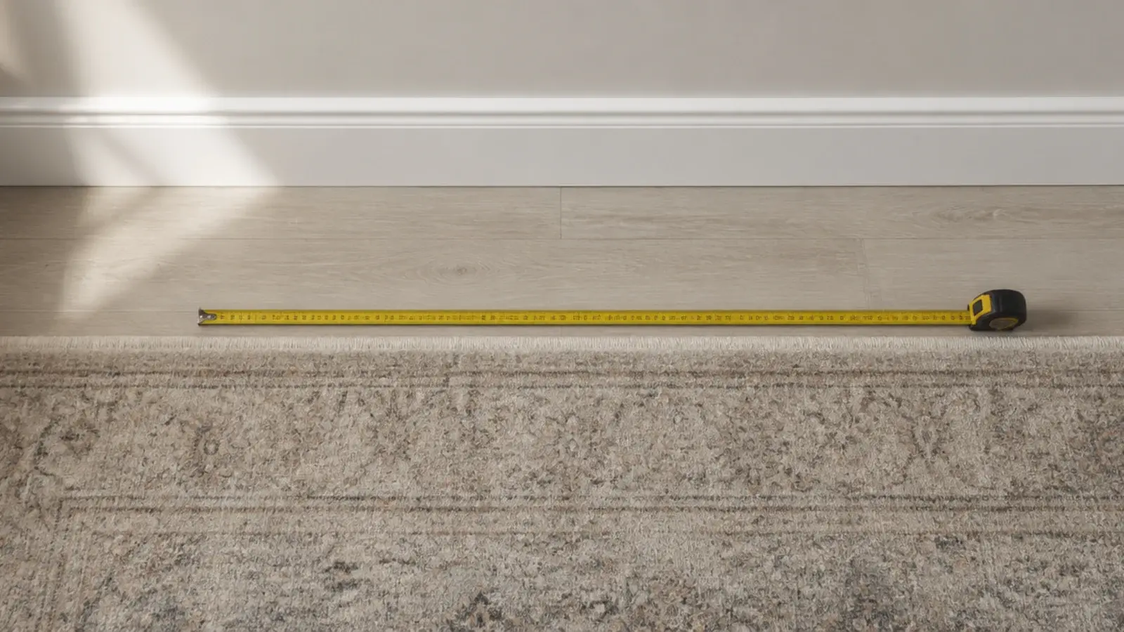even band of pale ash floor showing between a rug and the skirting
