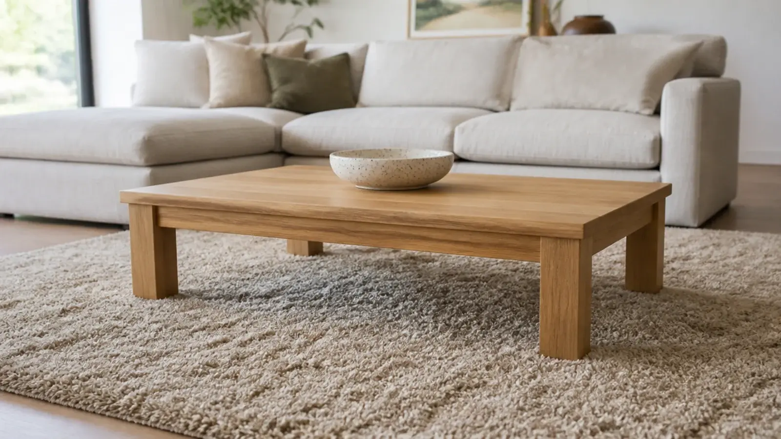 oak coffee table centred with clear pile visible all around it