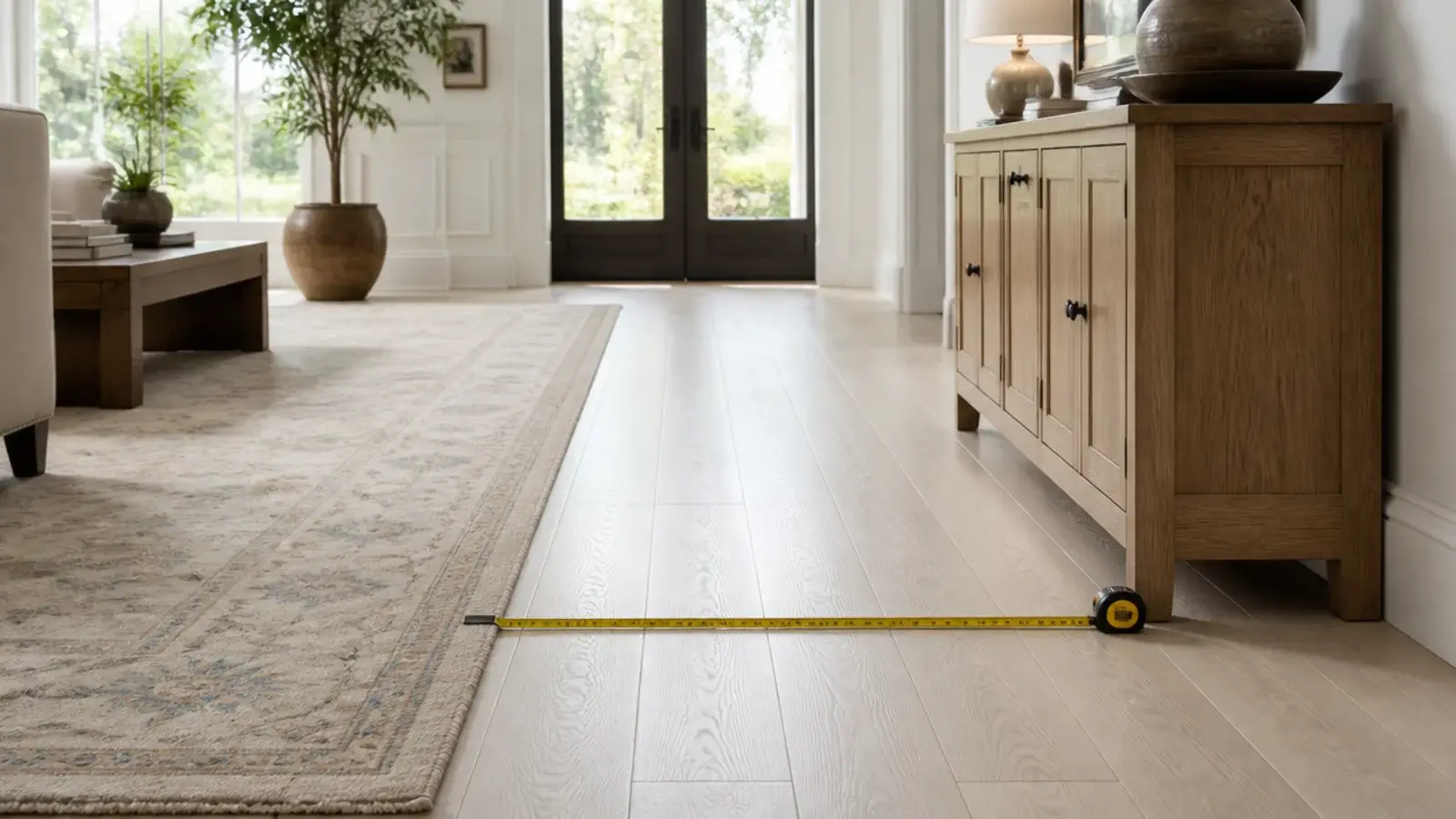 clear walking route running between a rug edge and a console table