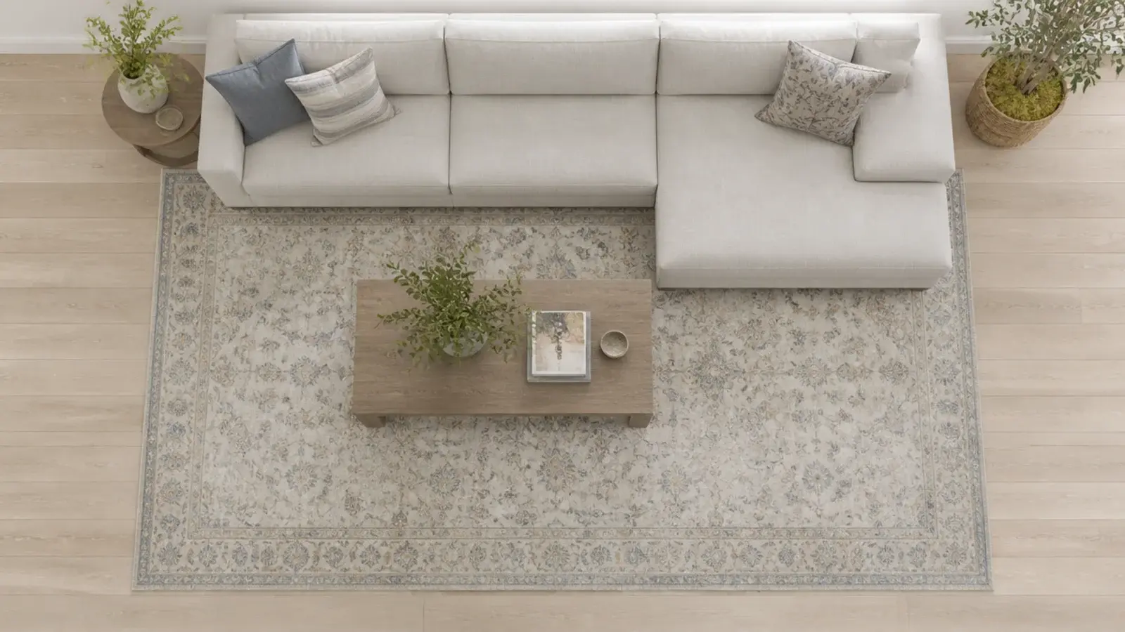 large rug squared to a sofa back rather than to the nearest wall