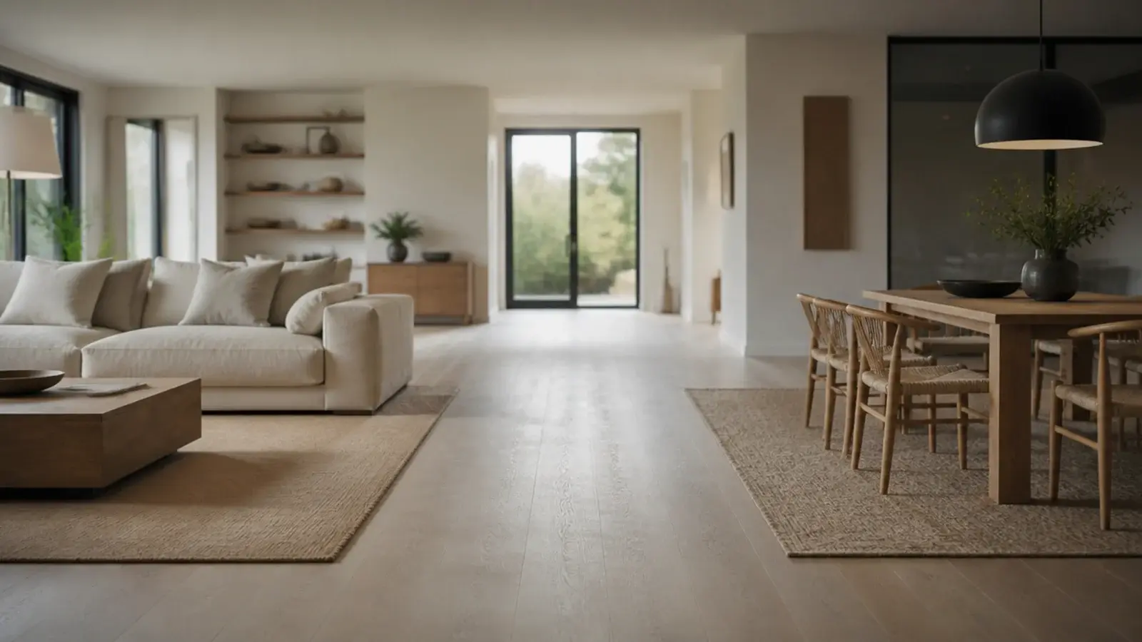 two large rugs marking separate zones with bare floor between