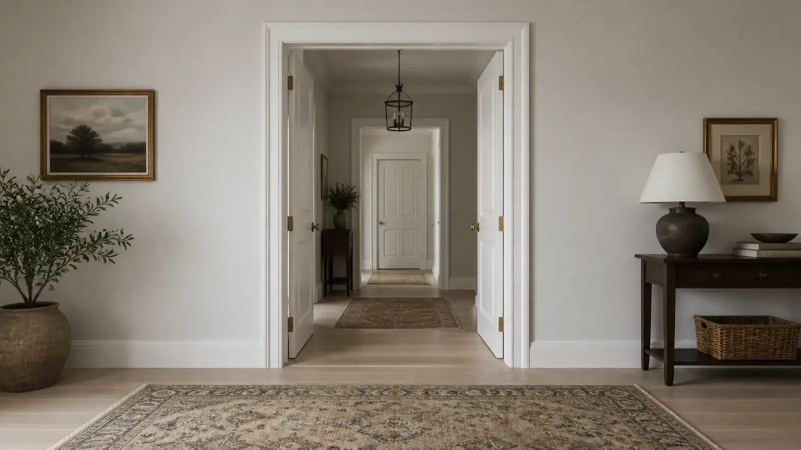 large rug finishing cleanly a foot short of an open doorway