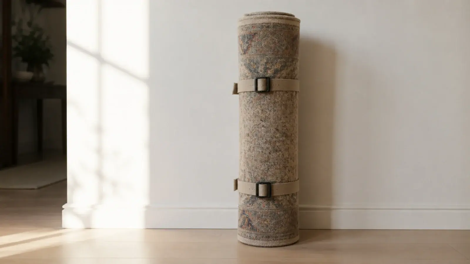 rolled nine by twelve wool rug standing upright against a wall