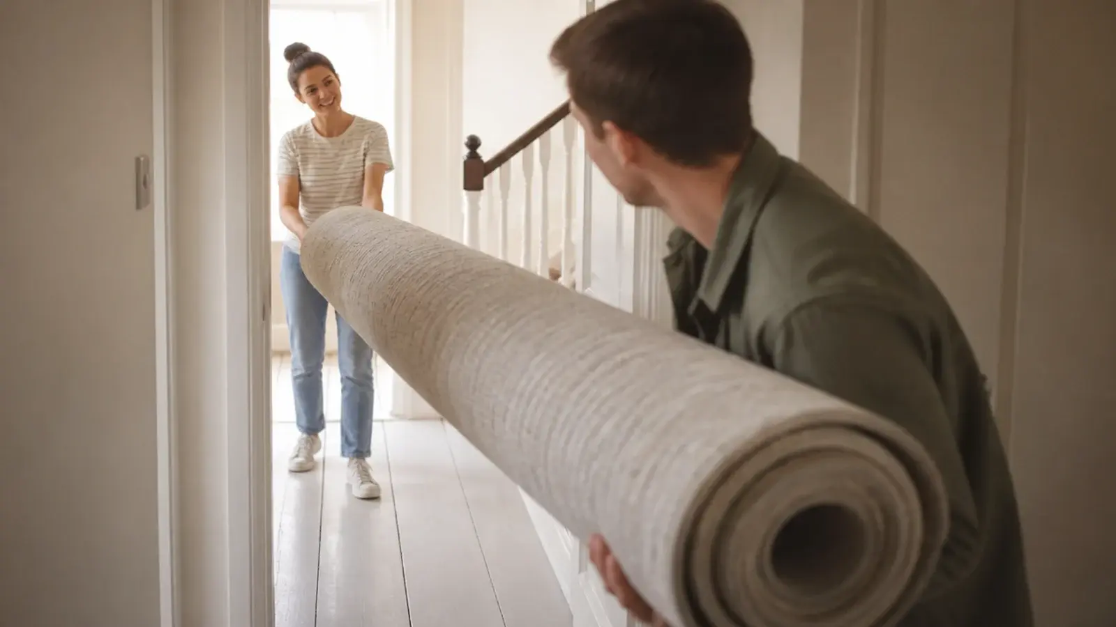 rolled rug being carried at an angle through a narrow doorway