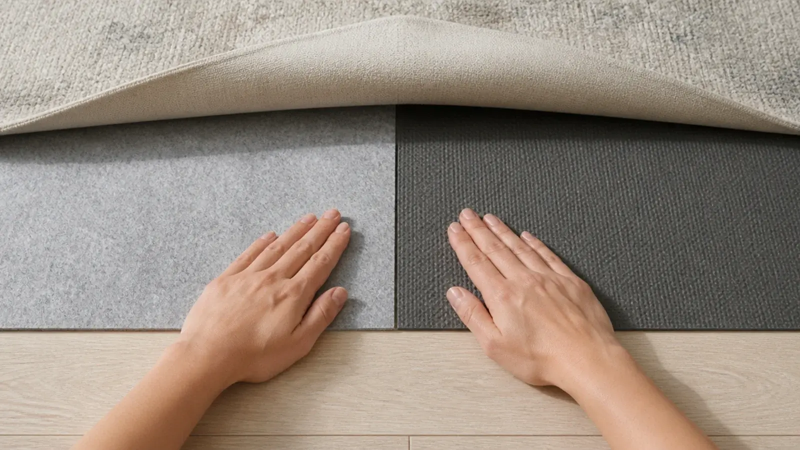 two pad sections butted together beneath a large area rug