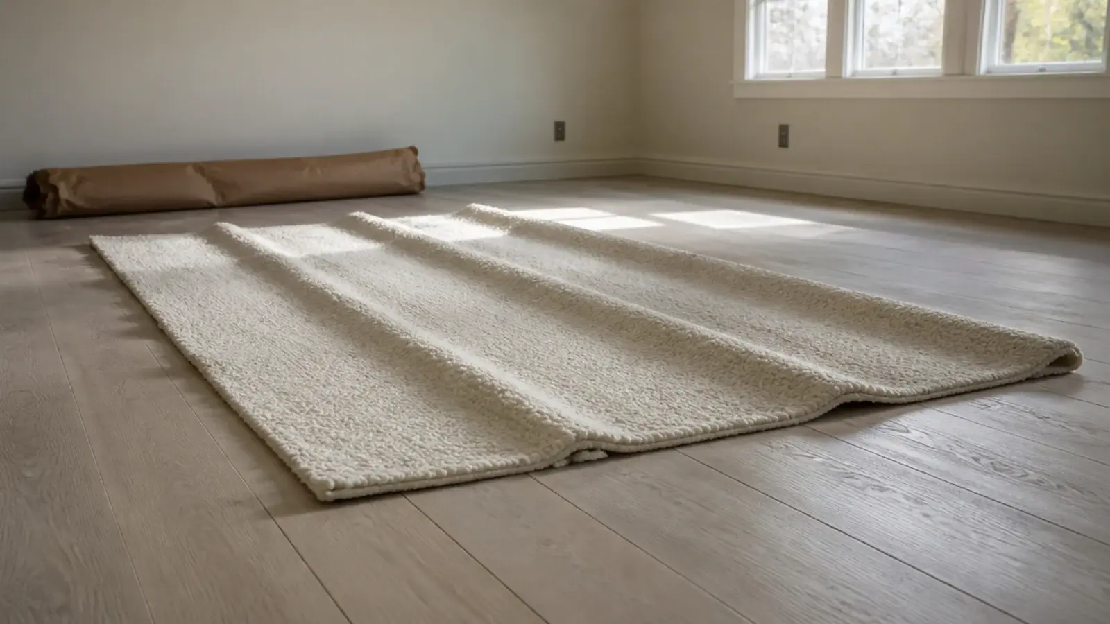fold ridges still visible across a newly unrolled large rug