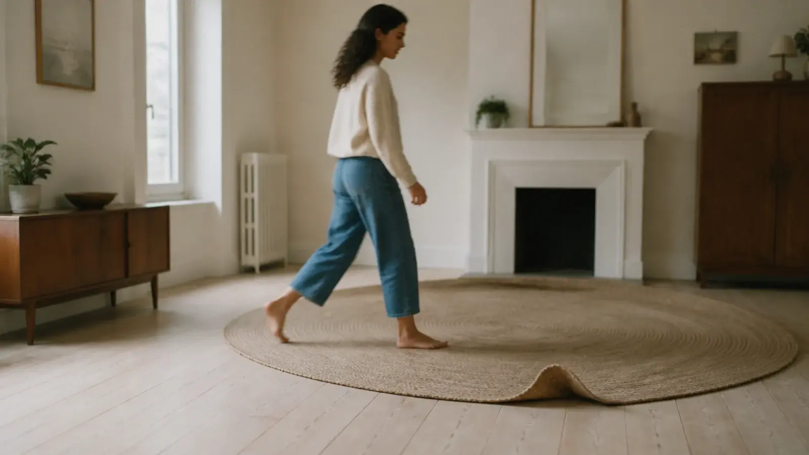 large rug being walked round in stages across a bare floor