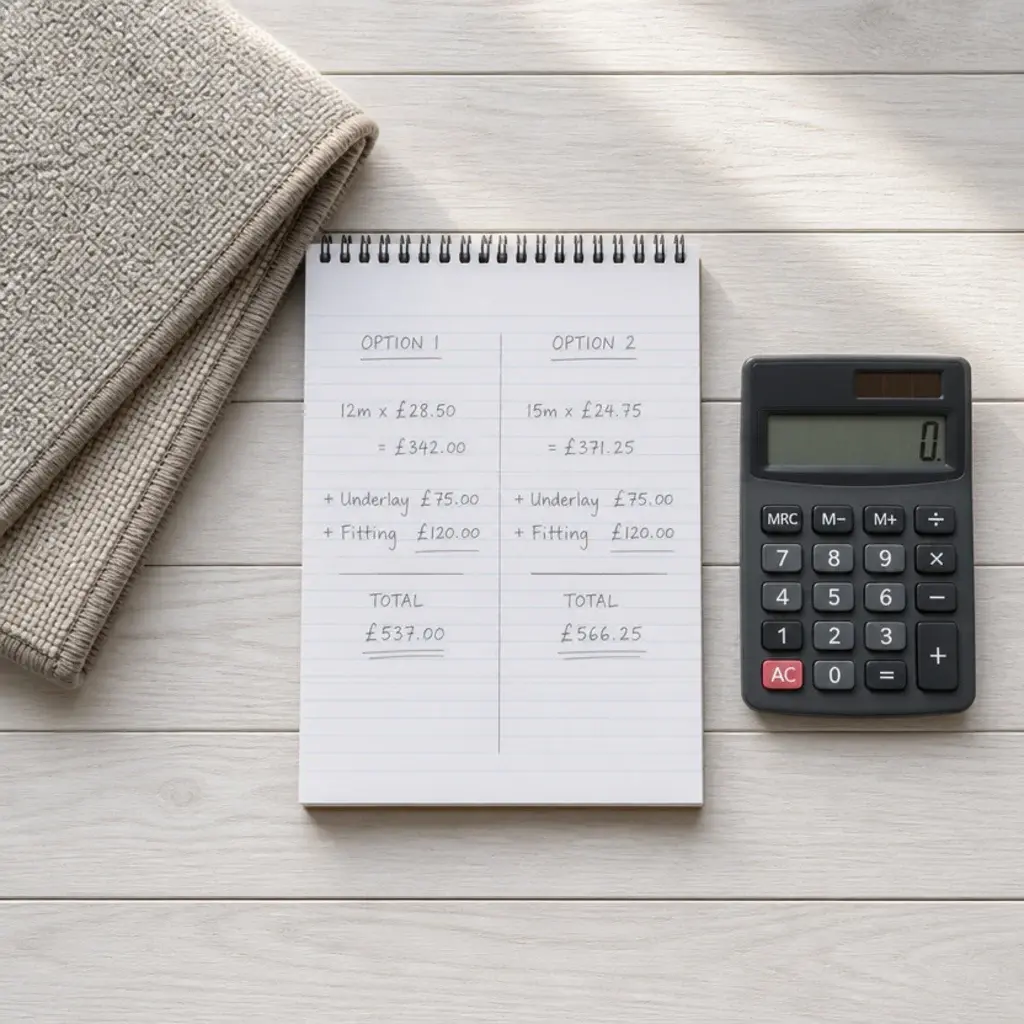 notepad comparing square foot costs of two large rug sizes