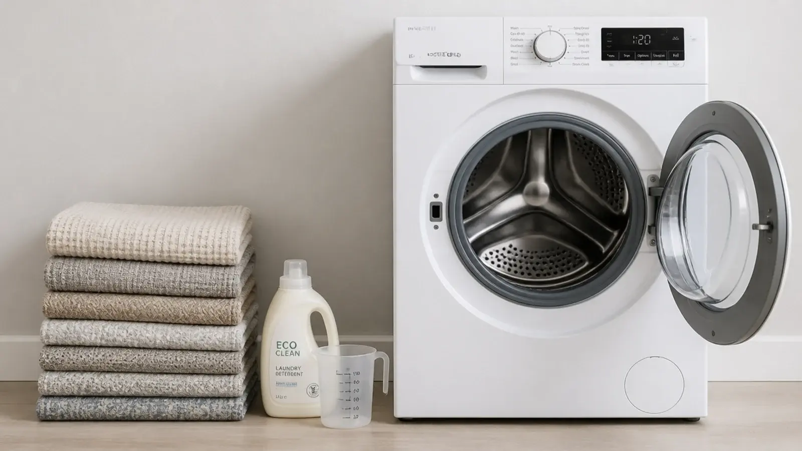 washable rug samples stacked beside a machine drum and detergent