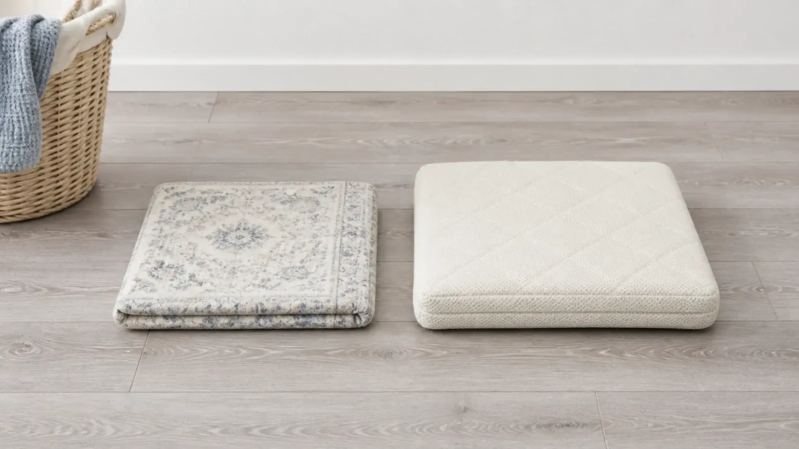 thin printed washable cover folded small next to its cushion pad