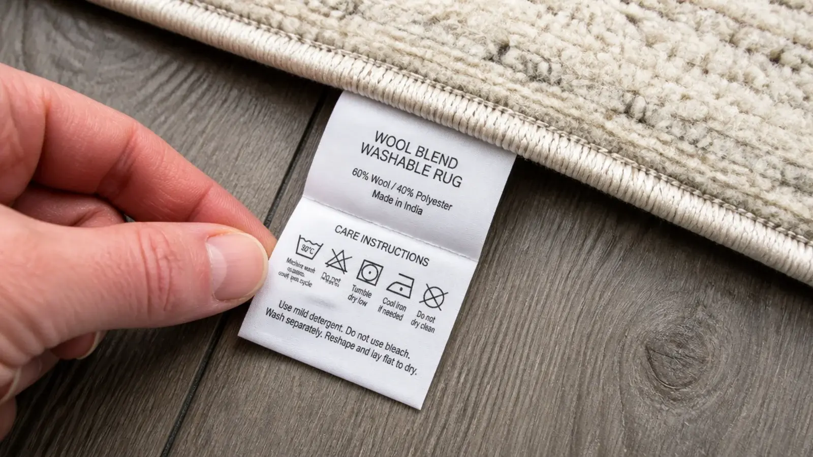 wool blend washable rug with a tag showing cold wool cycle care