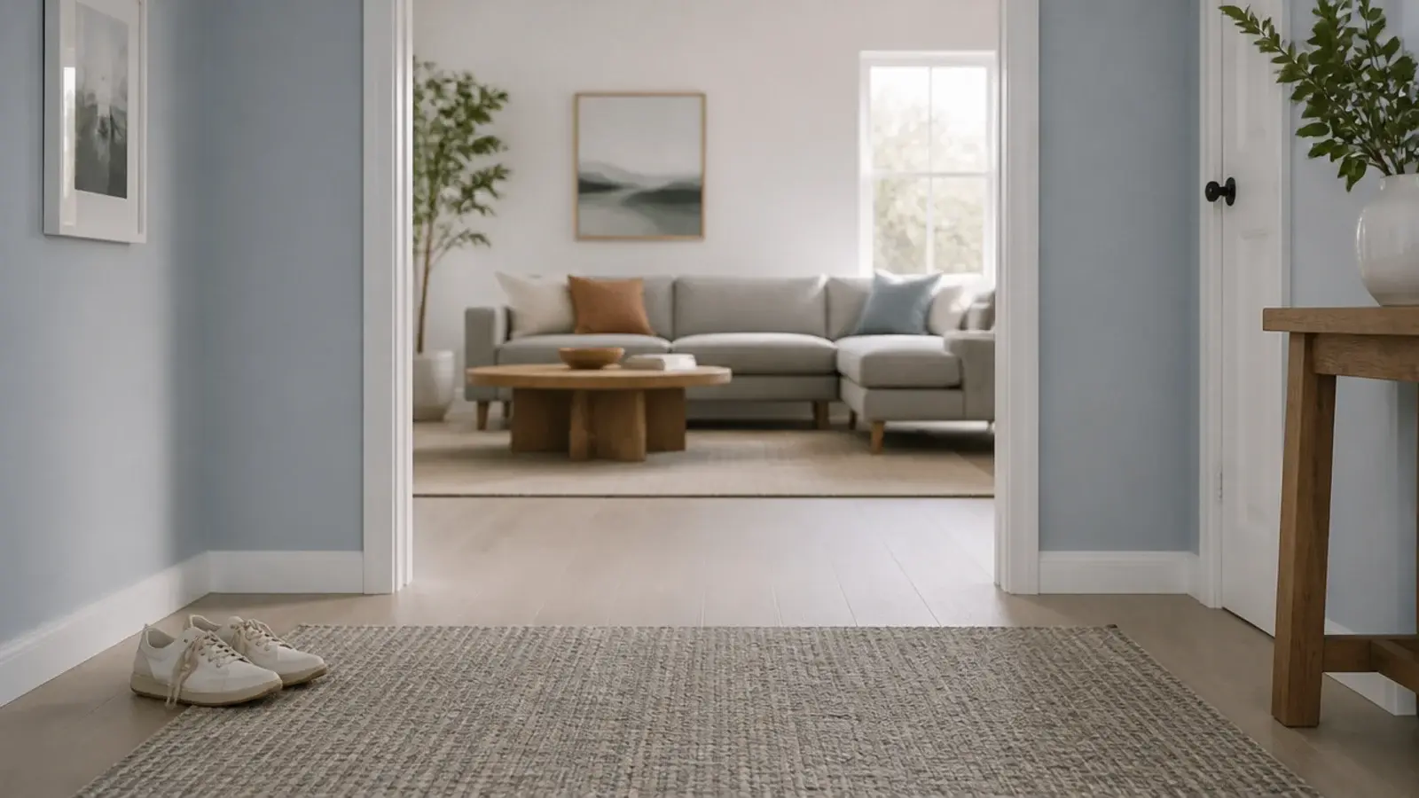 flat recycled polyester rug in a busy hallway facing living room