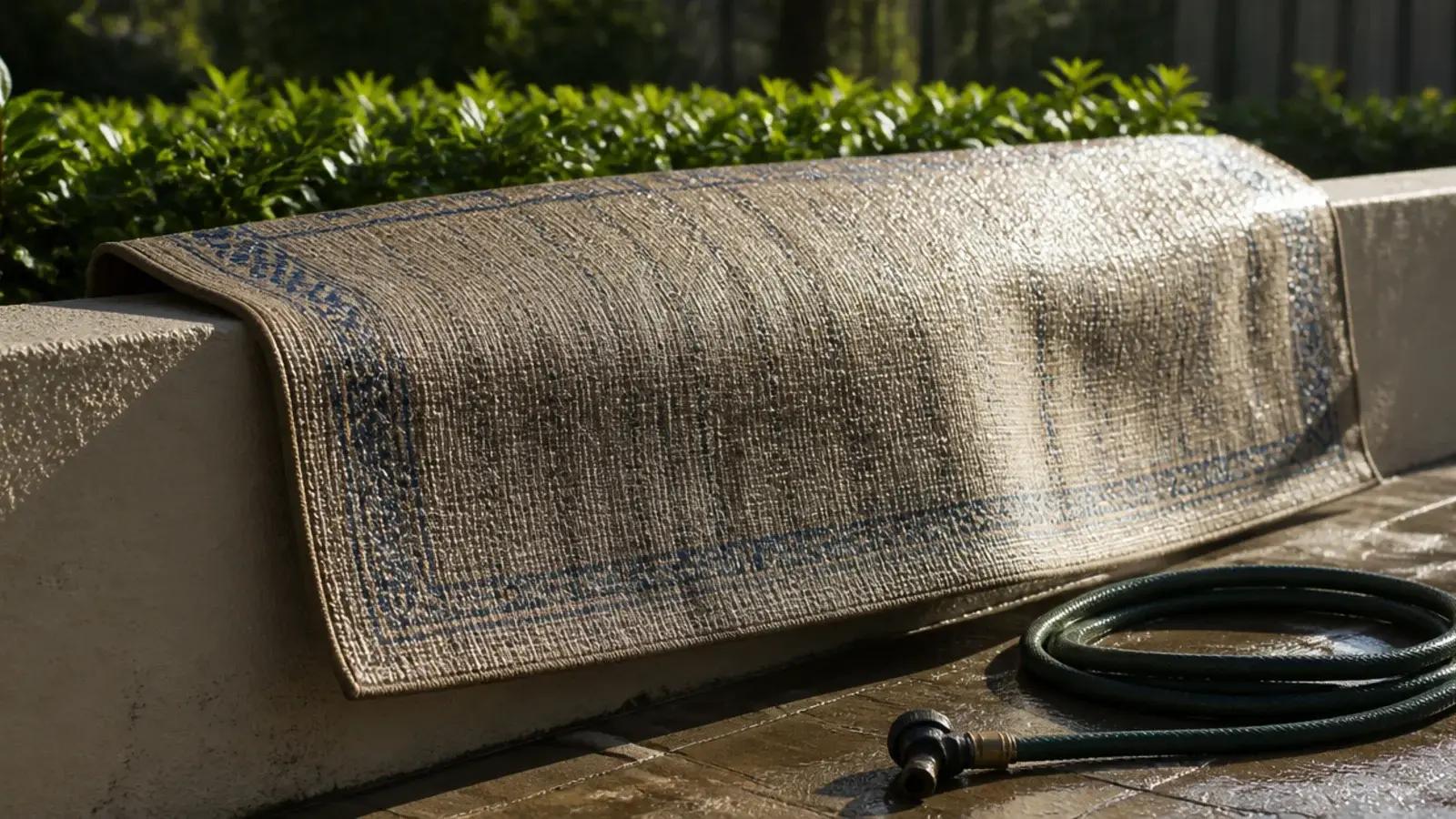 indoor outdoor rug propped outside dripping after a garden hose rinse