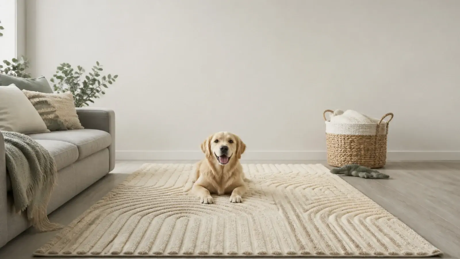 tall view of washable rugs in a living room on pale grey oak floors
