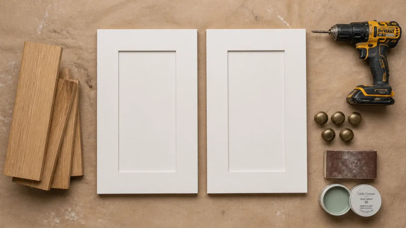 flat pack cabinet panels laid out with brass knobs a drill and sandpaper
