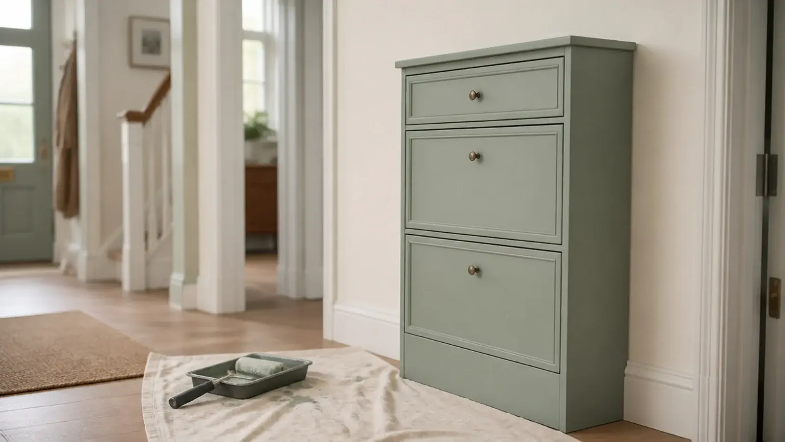 shoe cabinet painted a muted sage tone against a cream hallway wall