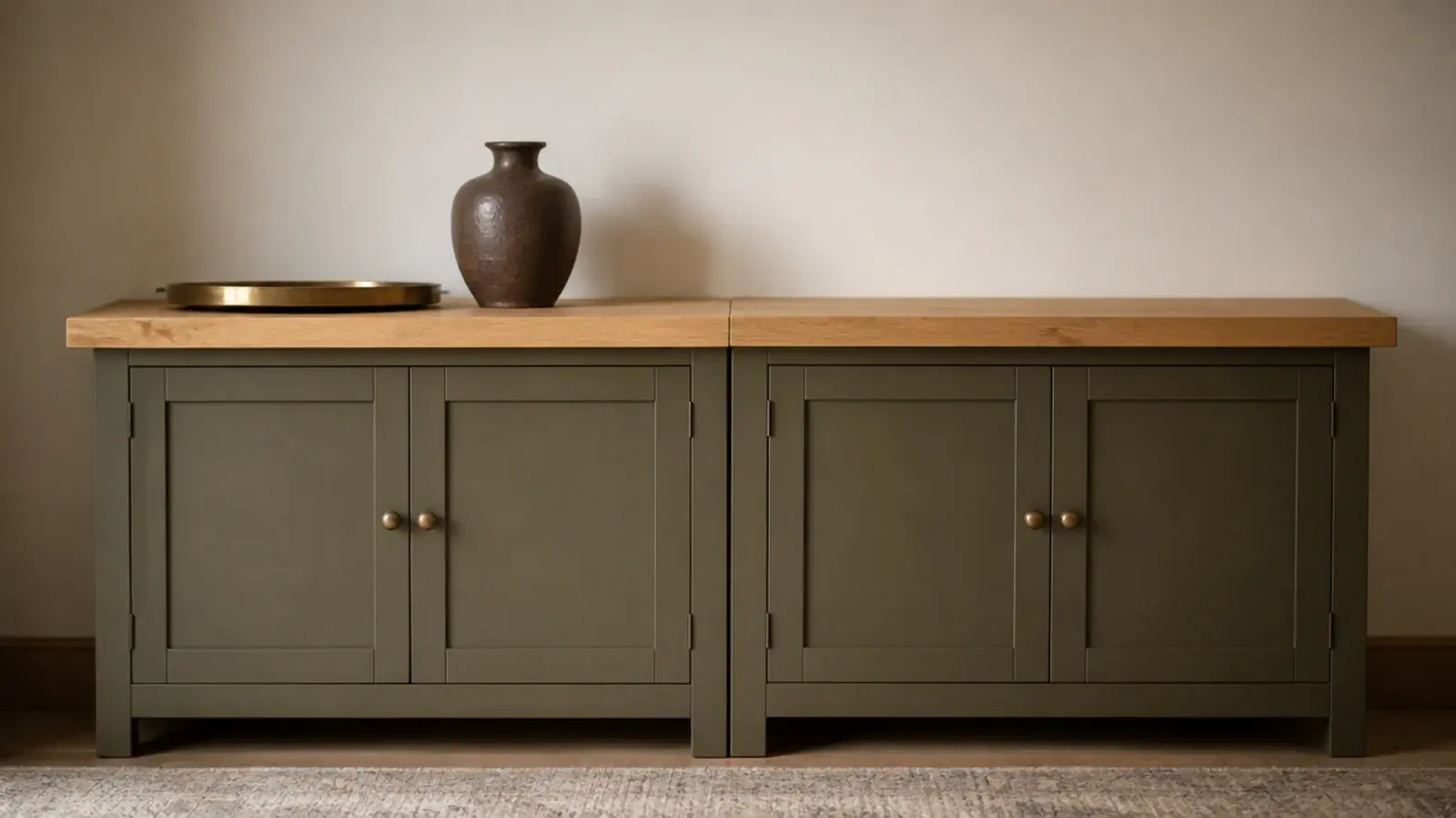 thick oak slab top running unbroken across two modern shoe cabinets