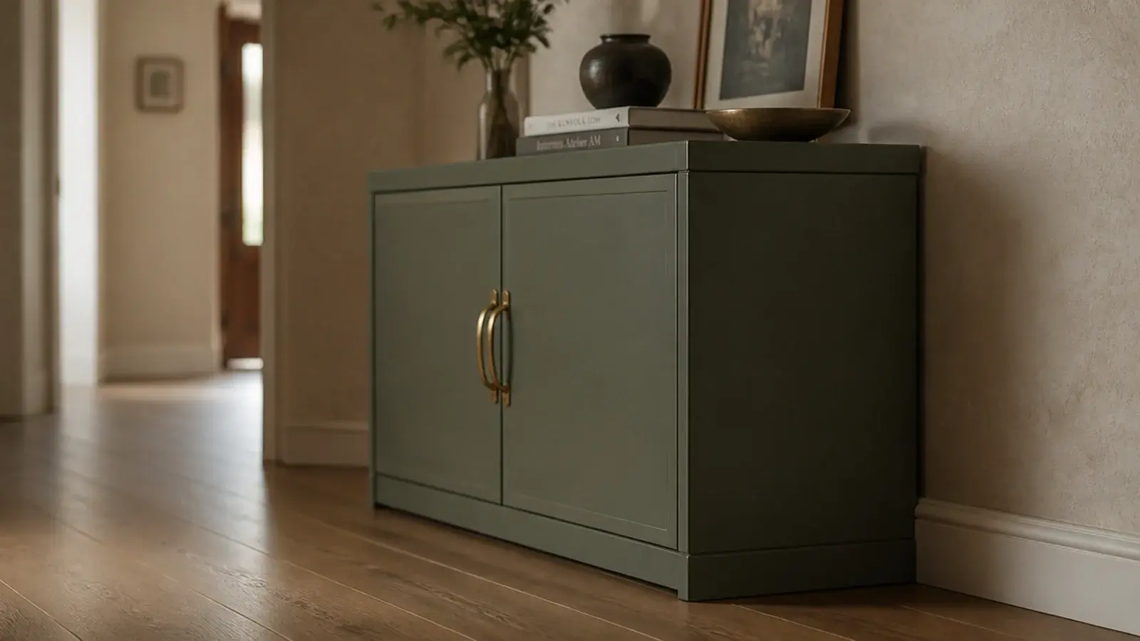 deep sage modern shoe cabinet painted the same shade on front and side