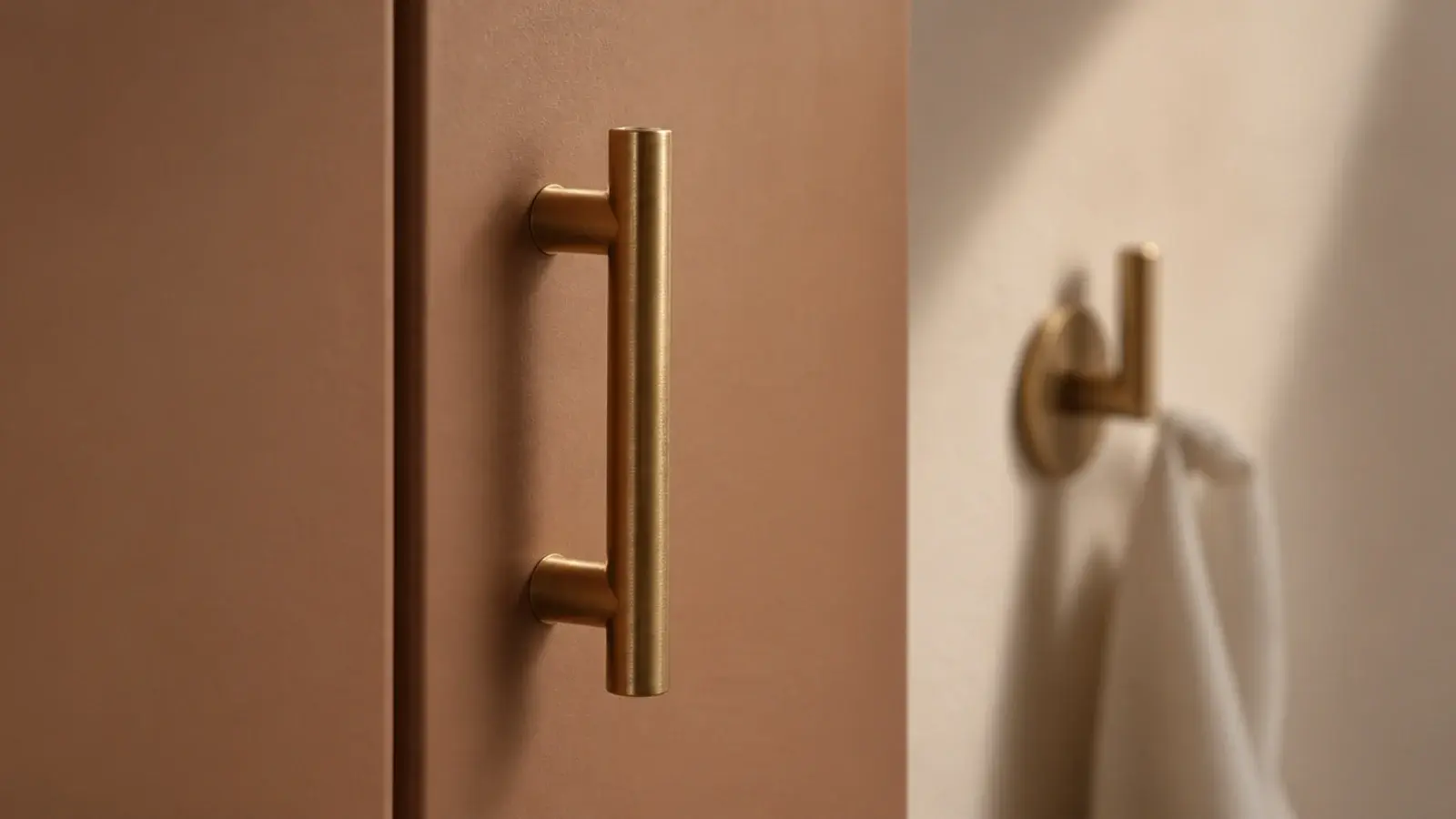 solid brass bar pull fitted to a modern shoe cabinet door front