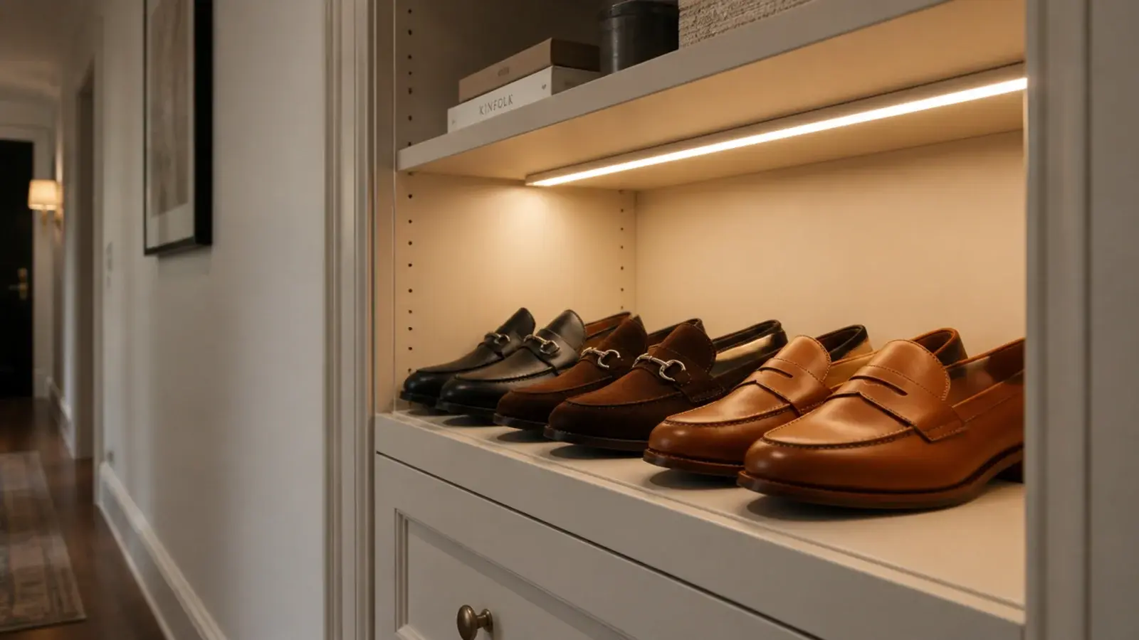 warm sensor strip light glowing inside an open modern shoe cabinet