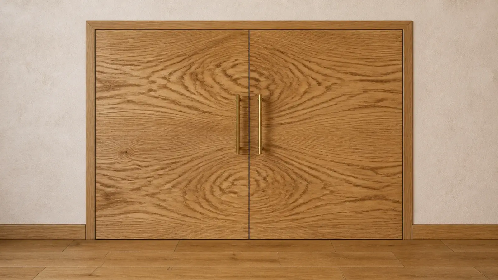 two oak cabinet doors with matched grain running continuously across them