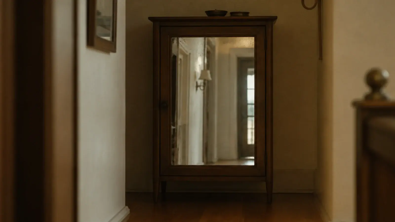 brushed antique mirror door on a modern shoe cabinet in a dim hallway