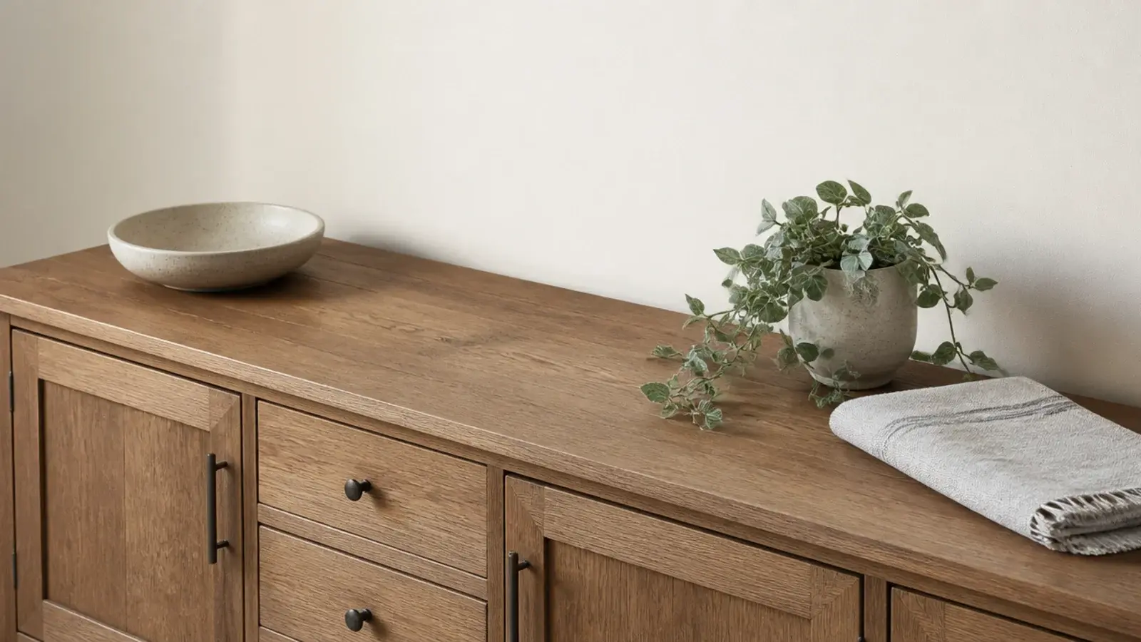 modern shoe cabinet top styled with a bowl a plant and a folded runner