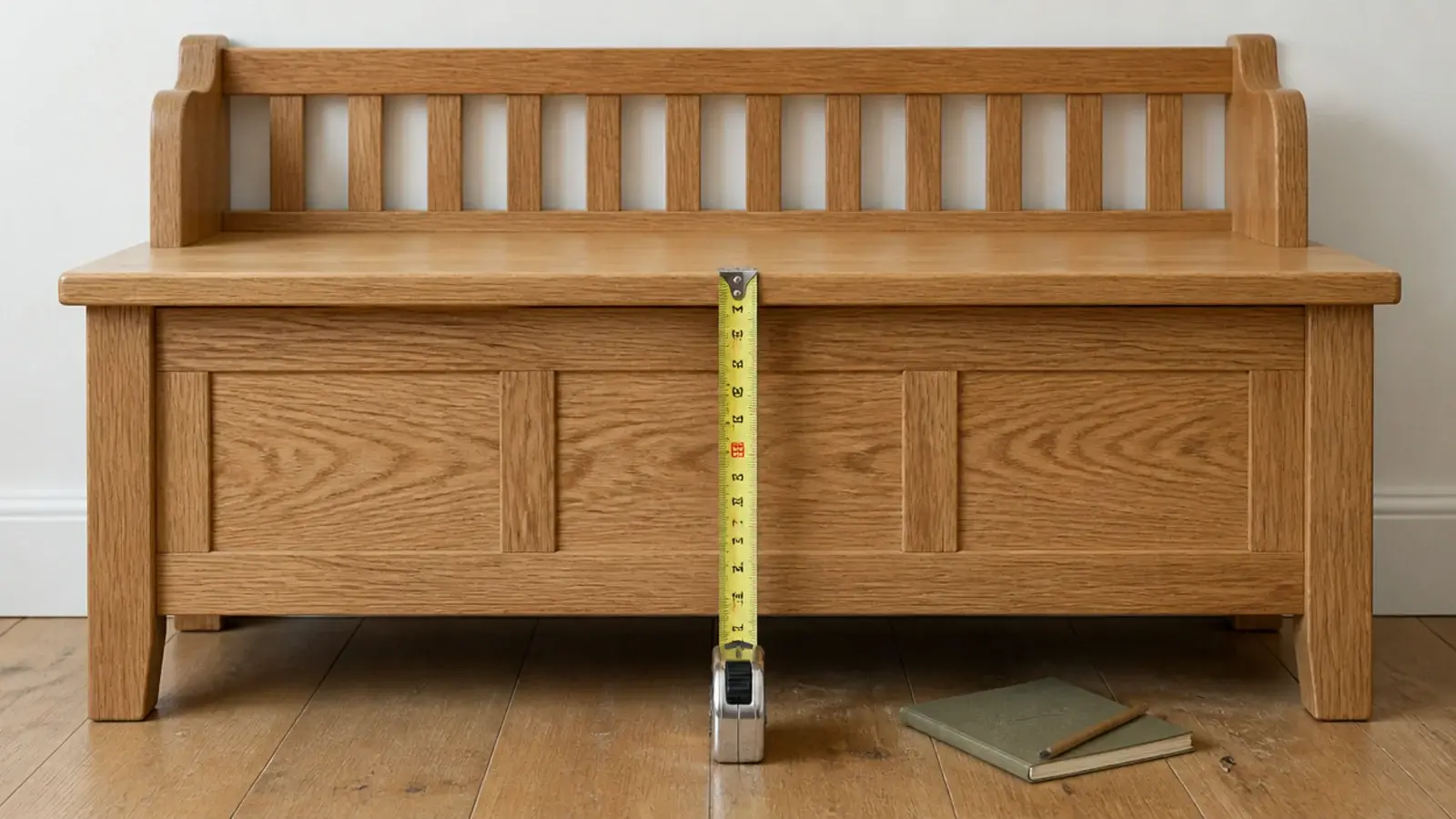 tape measure showing seat height at the front edge of an entry bench