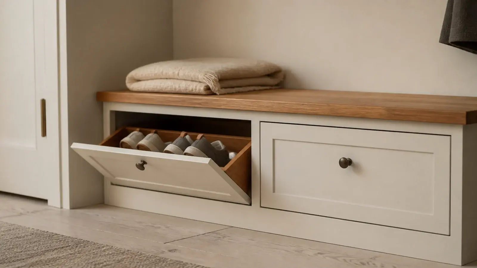 oak entry bench with two tilt out shoe cabinet drawers beneath the seat