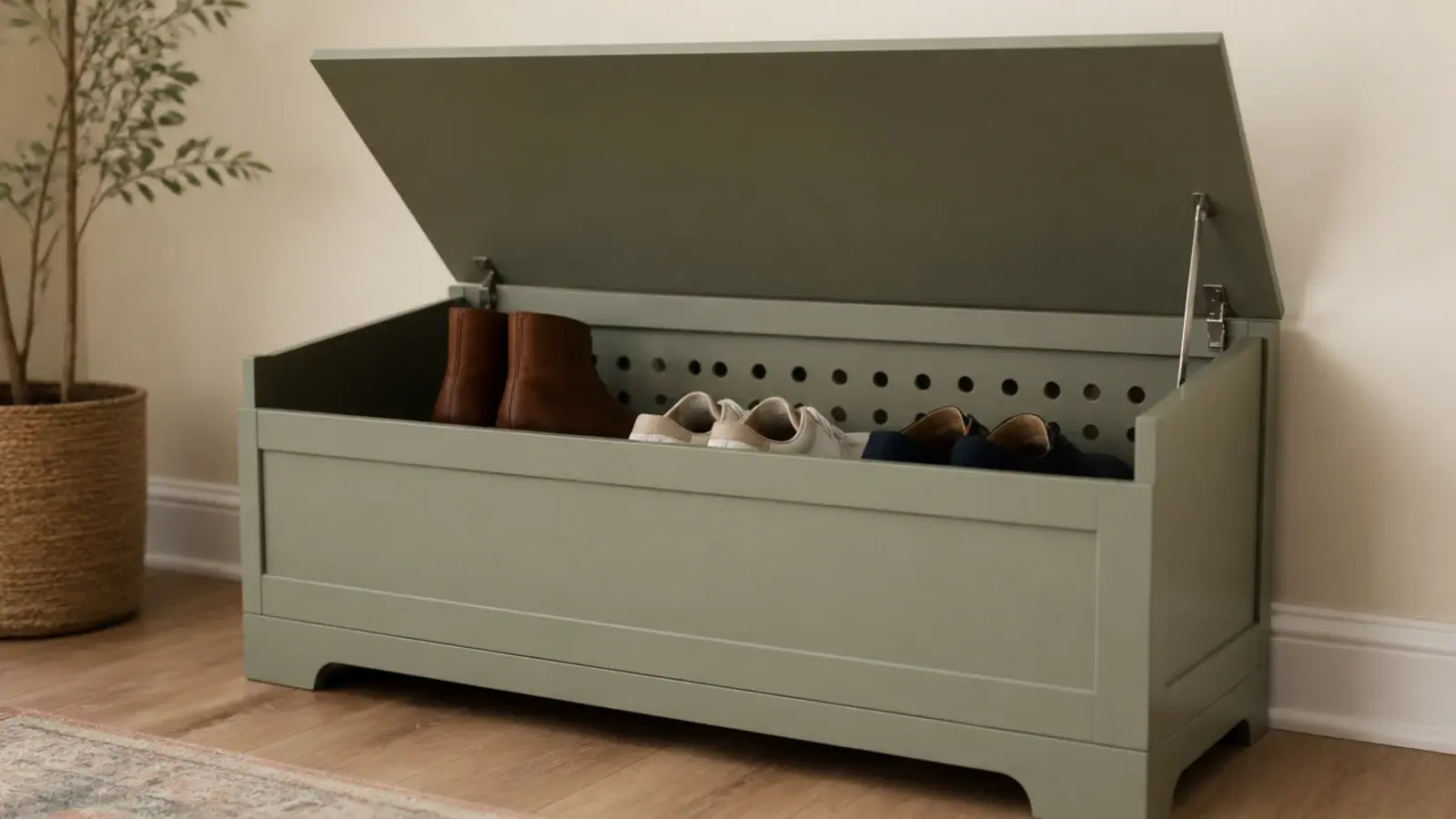 lift top entry bench raised to show ventilated shoe storage inside