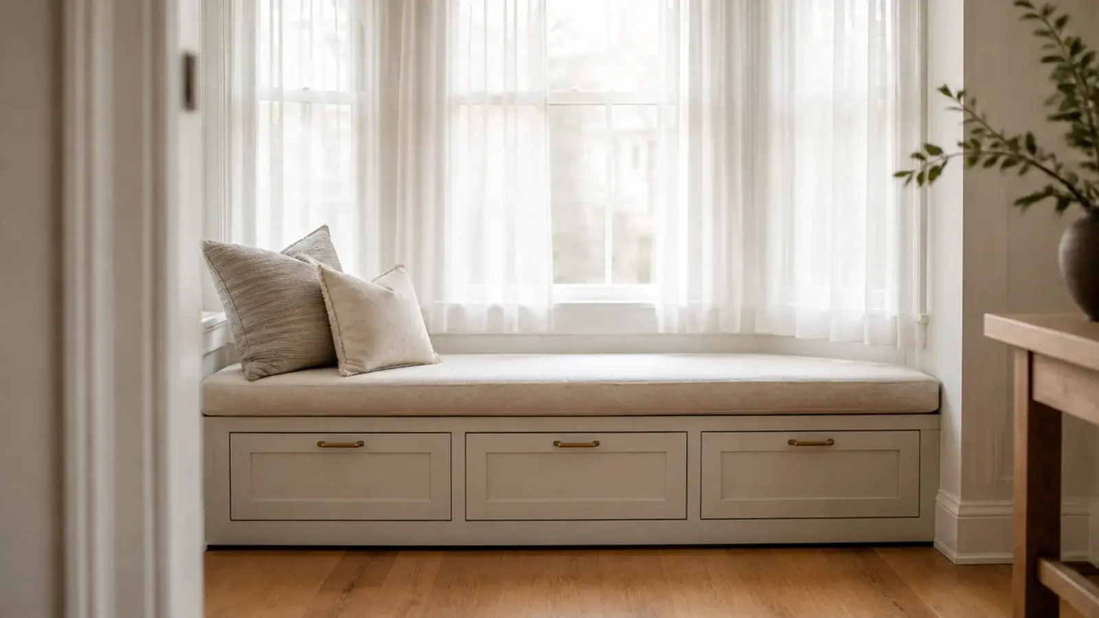 window seat bench with shoe cabinet fronts built into the base below