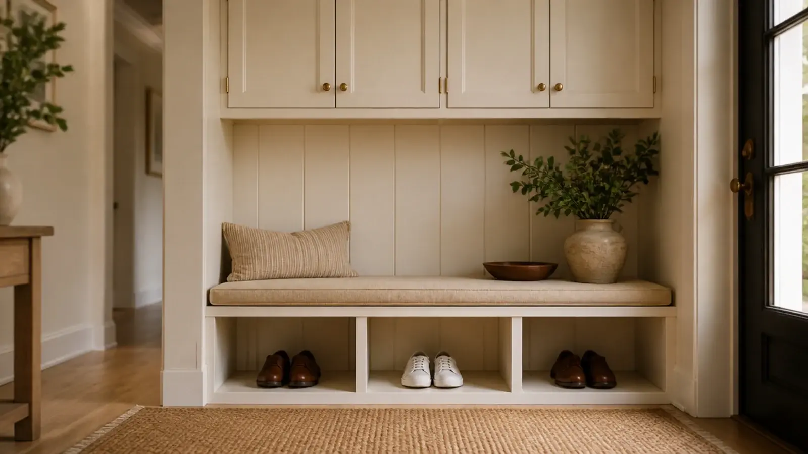 entry unit with open shoe cubbies below and closed cabinet doors above