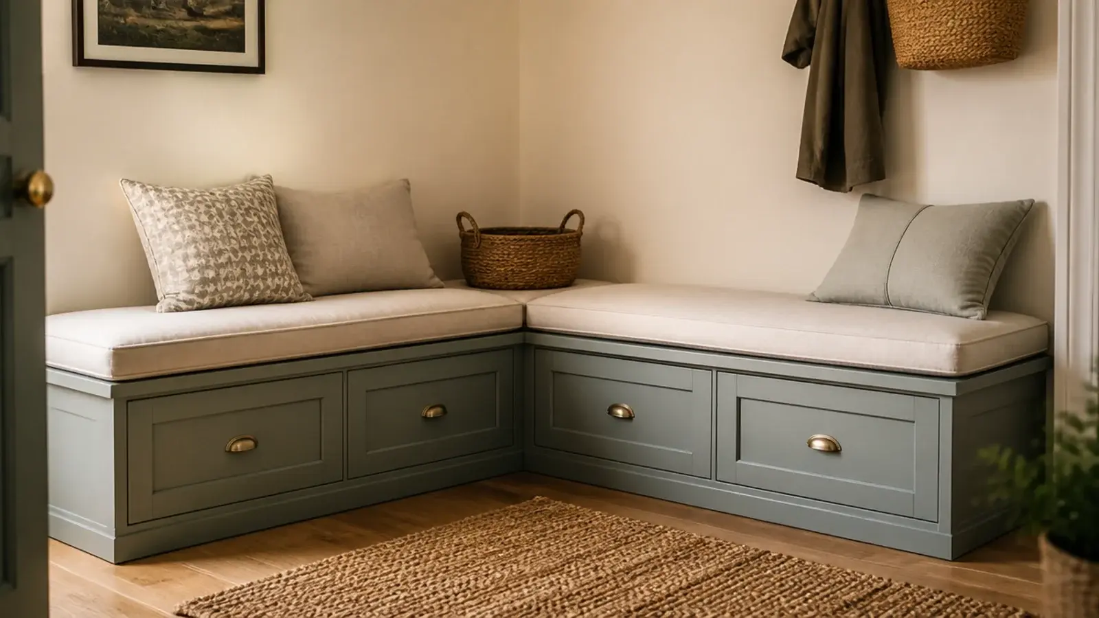 l shaped corner entry bench with shoe cabinets under both runs