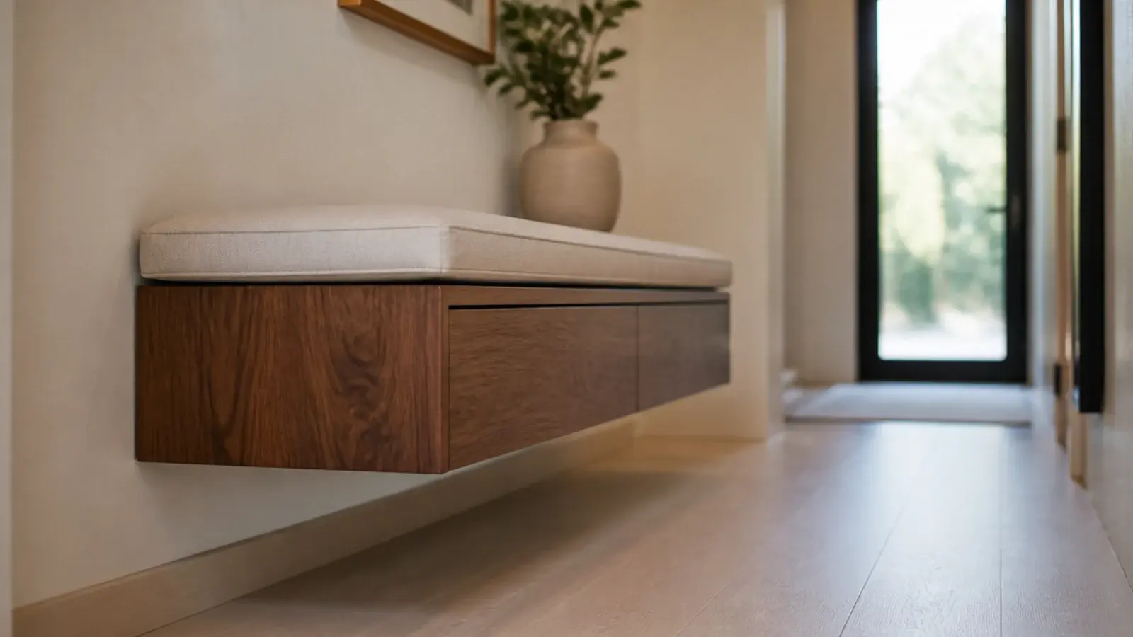 wall hung floating bench cabinet with clear floor visible underneath