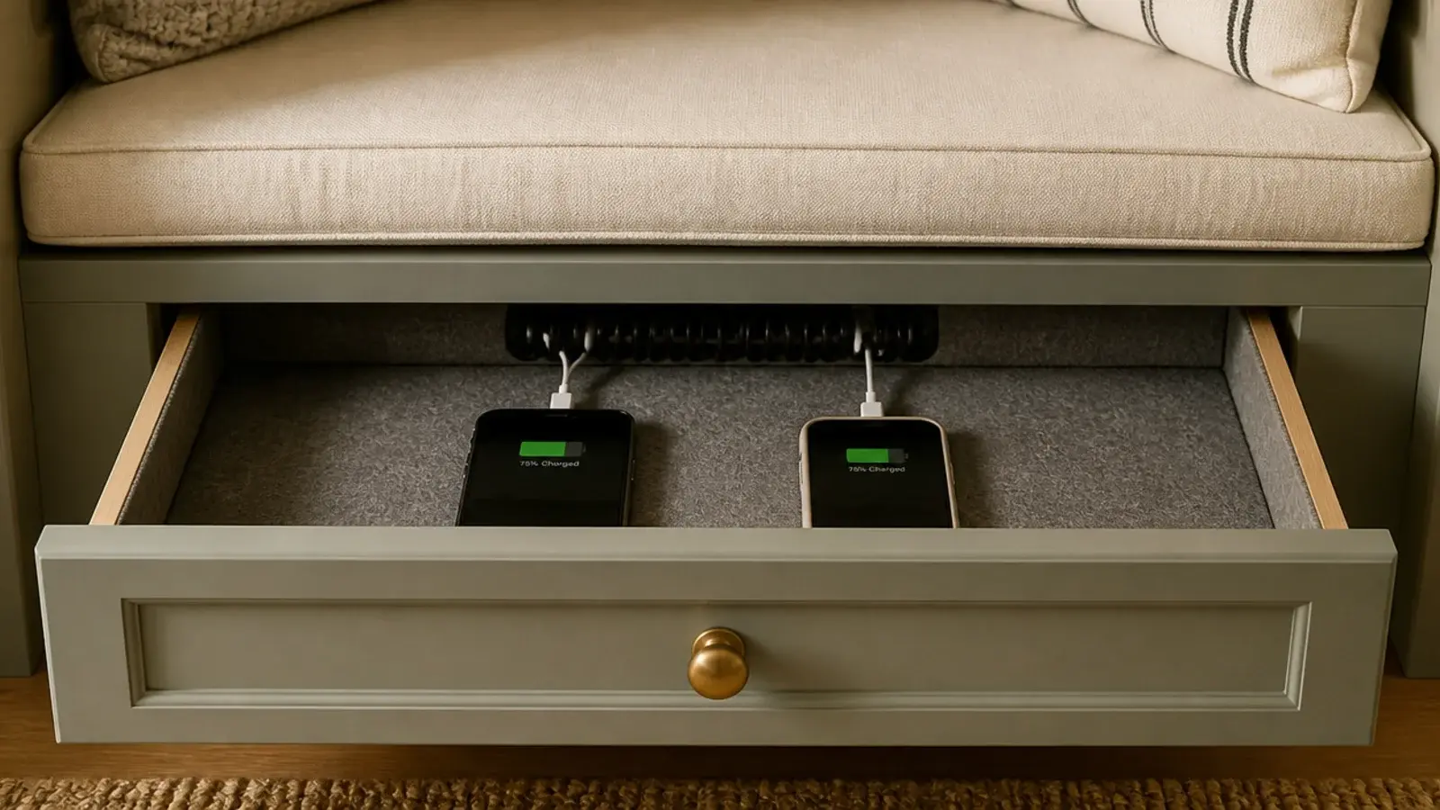 shallow charging drawer in an entry bench holding phones and cables