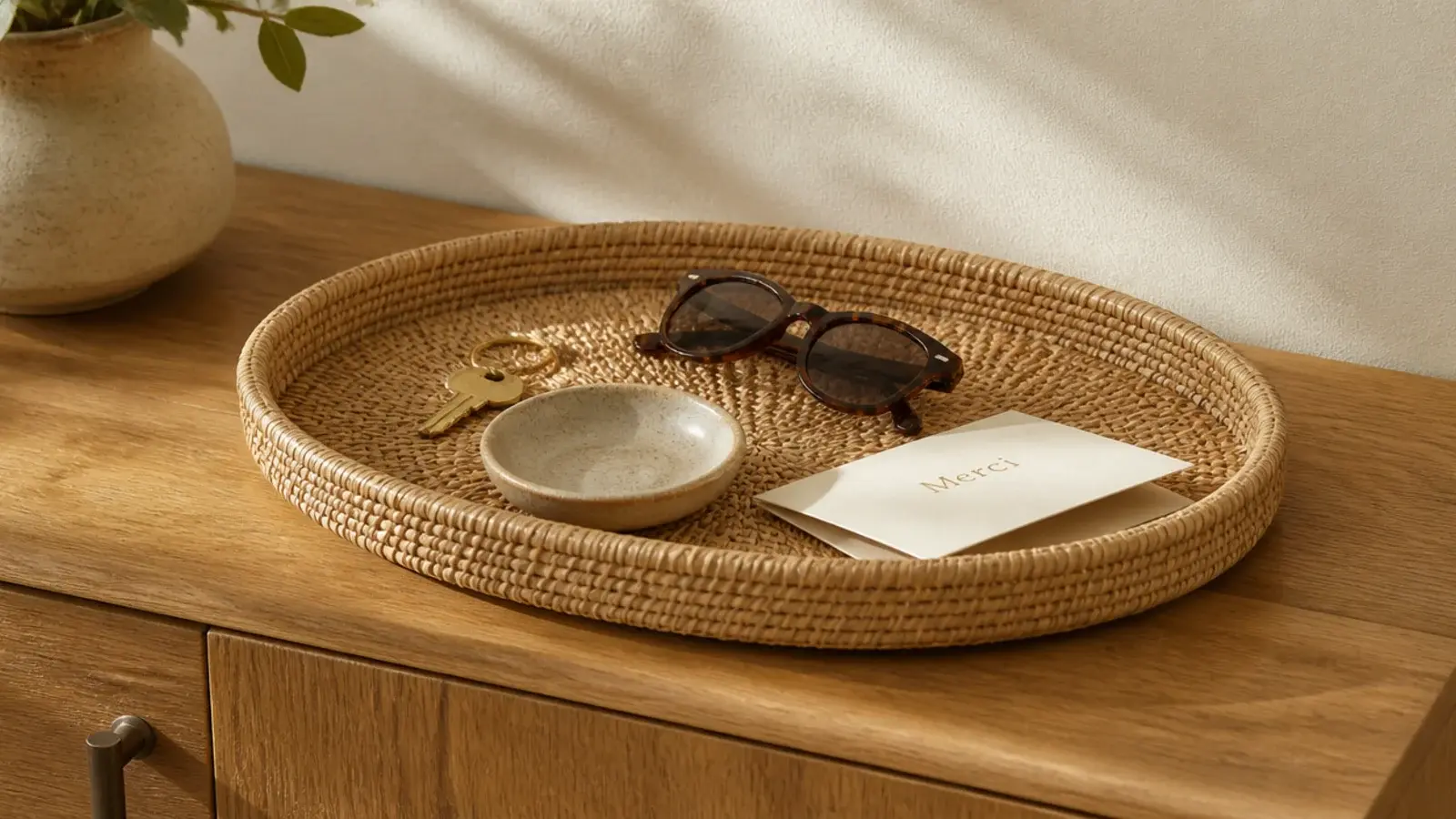 rattan tray on a shoe cabinet top holding keys sunglasses and a card