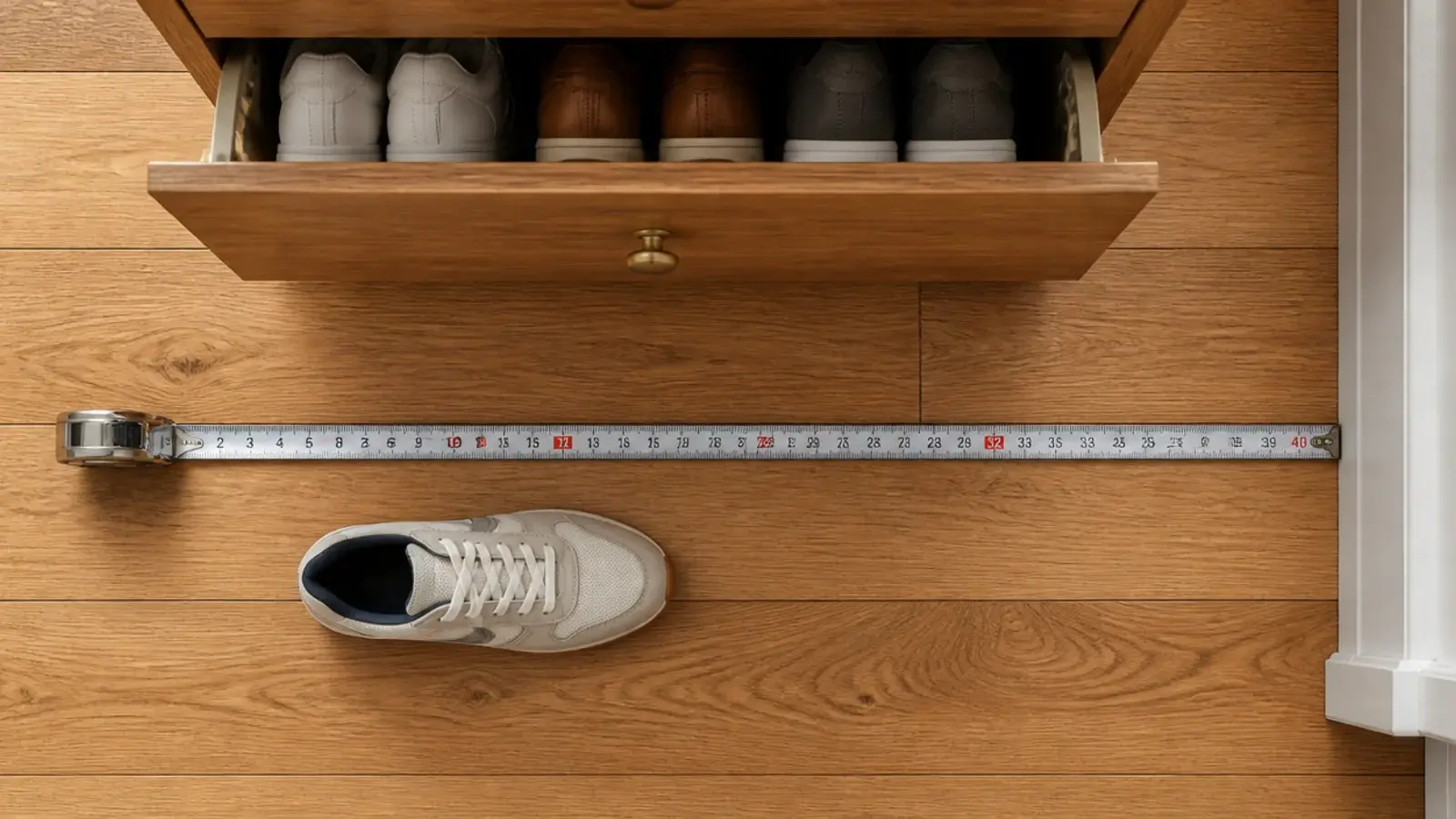 tape measure across a narrow hallway beside an open tilt out drawer