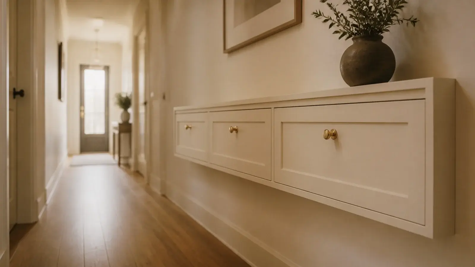 nine inch deep tilt out shoe cabinet along a long narrow hallway wall