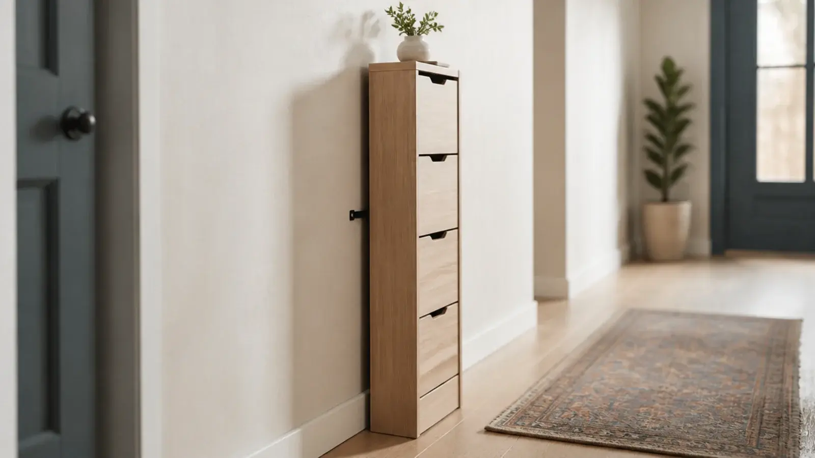 tall narrow shoe cabinet column twelve inches wide against a hall wall