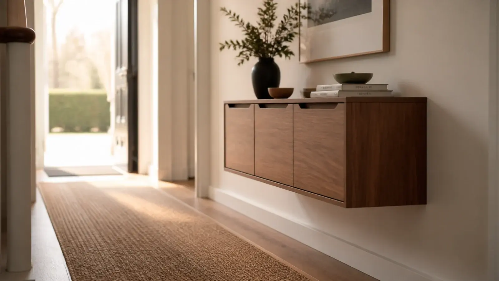 wall hung shoe cabinet floating above clear floorboards in a hallway