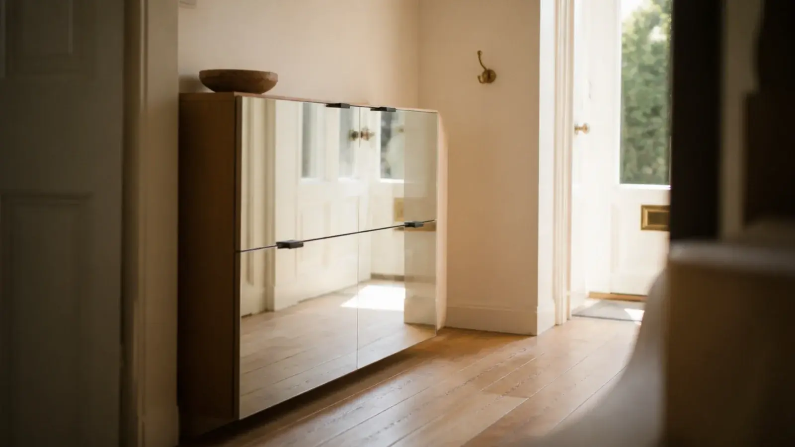 mirrored shoe cabinet fronts reflecting light down a small entry hall