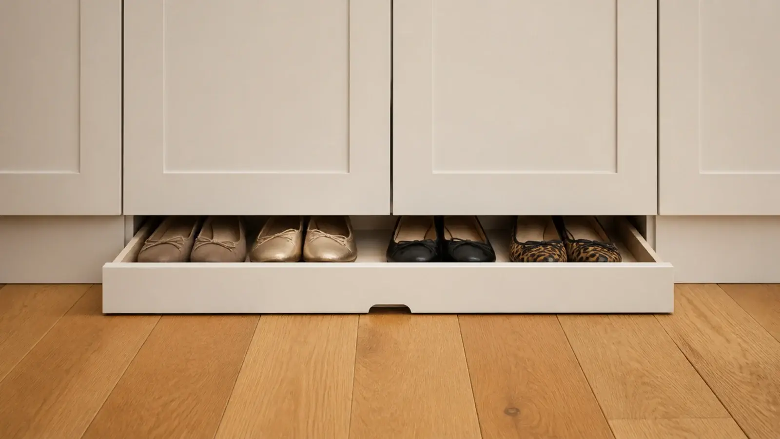 shallow shoe drawer built into the toe kick beneath a hallway cupboard