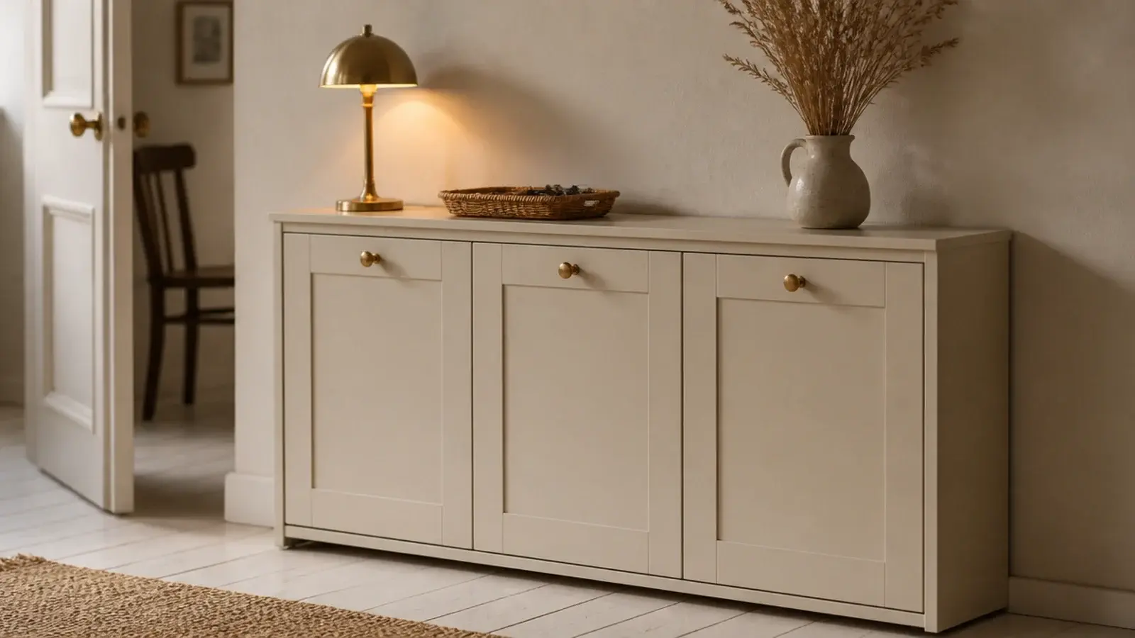 slim shoe cabinet used as an entryway console with a lamp and tray