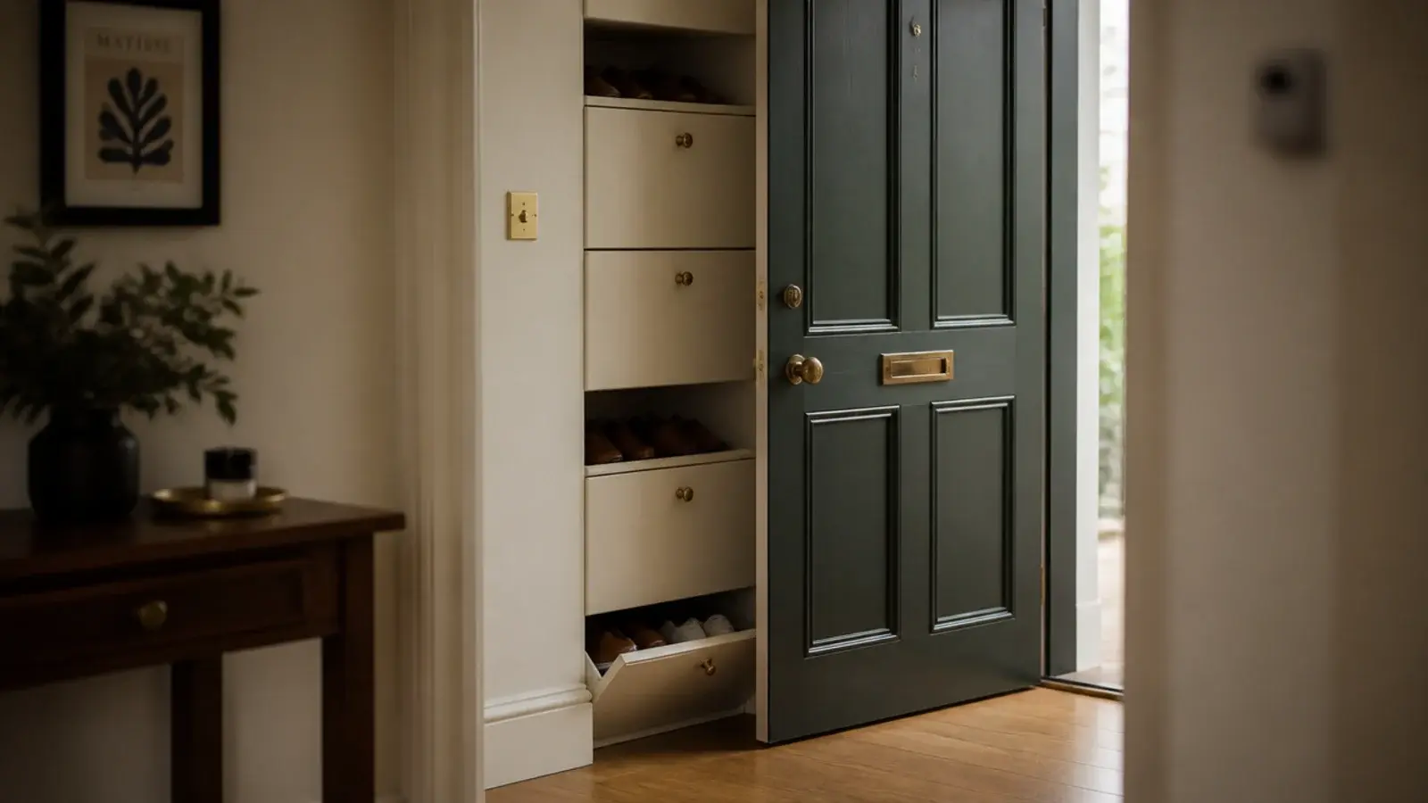 shallow shoe cabinet tucked into the wall space behind an open door