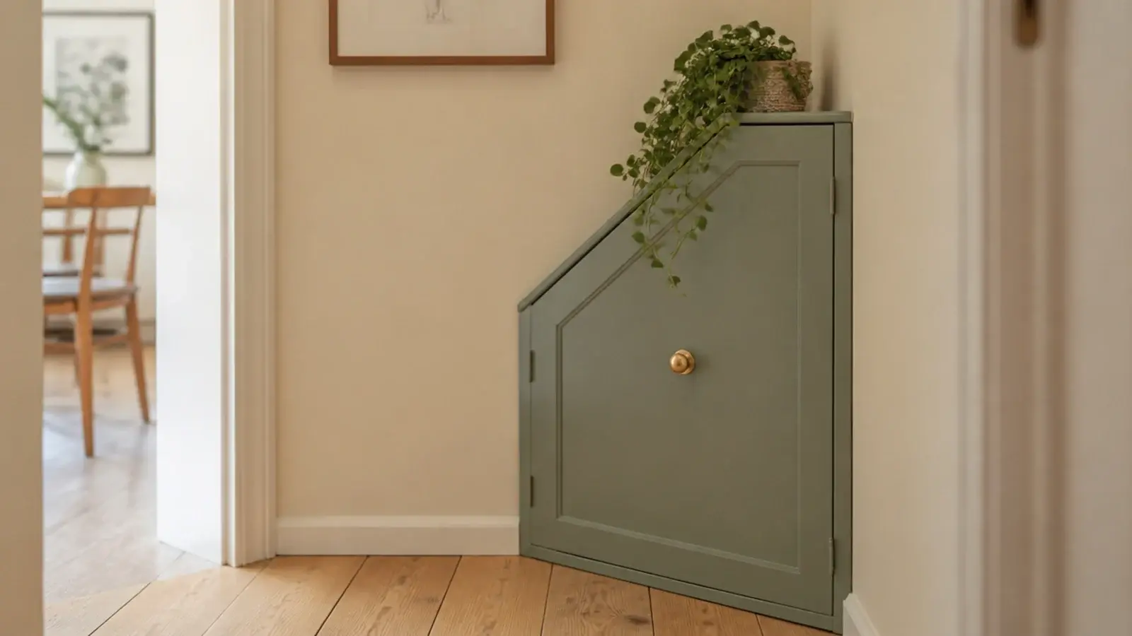 angled front corner shoe cabinet tucked into a small entry corner