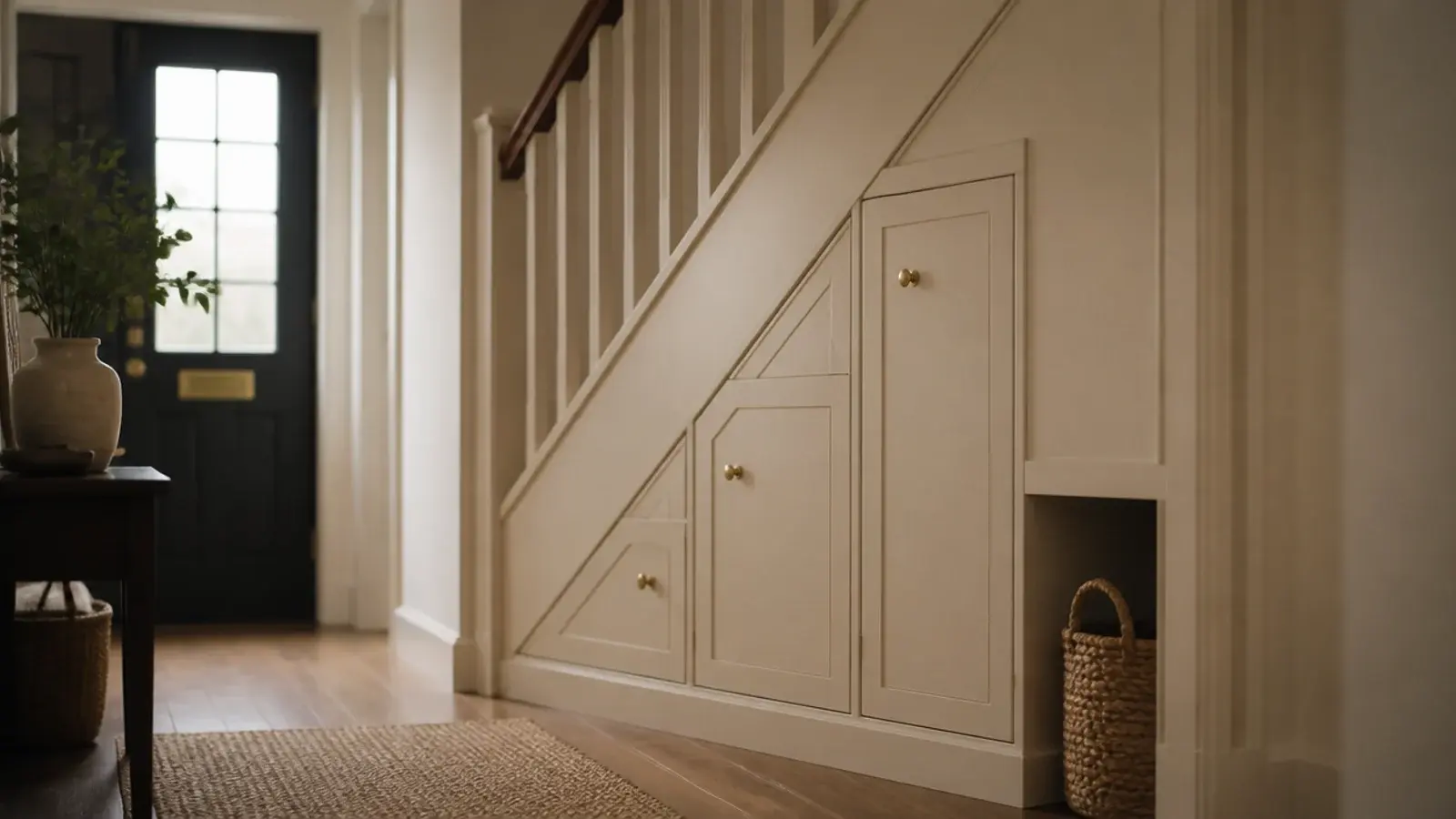 low shoe cabinet fronts fitted under a staircase in a small hall