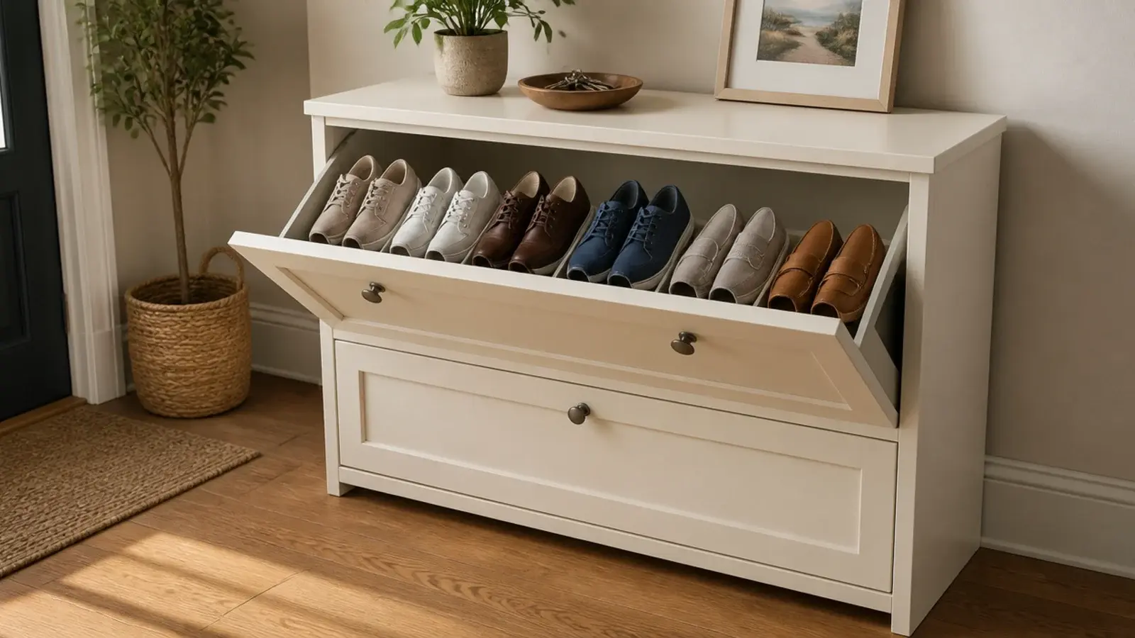 small two drawer shoe cabinet holding only everyday shoes in an entry